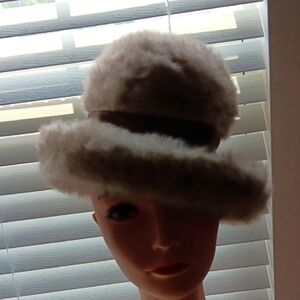 Vintage Adolfo Cream Fur Hat with Brown Band
